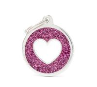 MYFAMILY-Médaille à graver pour chien coloris rose pailleté grand cercle avec un cœur blanc Myfamily Shine