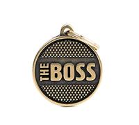 MyFamily Médaille pour chien personnalisée, en forme de cercle, grand motif "The Boss" losanges, plaque signalétique chien avec gravure gratuite, laiton anglais, collection Bronx