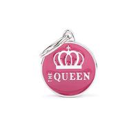 MyFamily Médaille pour chien personnalisée en forme de cercle moyen "The Queen", plaque signalétique pour chien avec gravure gratuite, émaillée à la main en métal, collection de charmes