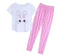 MyFav Ensemble Pyjama à Manches Courtes pour Femmes Imprimé Lapin Mignon Vêtements De Nuit Deux Pièces Confortables Loungewear,Blanc Rose,XS