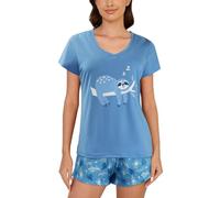 MyFav Ensembles Courts de Pyjama pour Femmes Haut de Vêtements de Nuit Doux à Col en V avec Short 2 Pièces Vêtements de Détente,Paresseux Bleu,XS