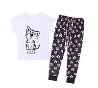 MyFav Ensembles De Pyjama pour Femmes à Manches Courtes Imprimé de Chat Mignon VêTements De Nuit Hauts Et Pantalons Long Ensemble de Détente,Blanc,XL