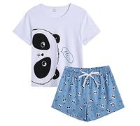 MyFav Femmes Pyjama Court Ensembles D’été À Manches Courtes Chemise Et Shorts 2 Pièces Ensemble De Tenue De Salon,Blanc Panda,XS