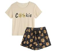 MyFav Pyjama Femme Court Ensembles de Femme Ete Col Rond Manches Courtes Vêtement de Nuit Short 2 Pièces Vêtements de Détente,Cookie,L