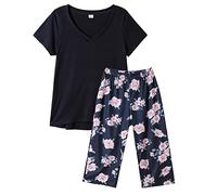 MyFav Pyjama Femme Ete Ensemble de Pyjama Doux Manches Courtes 3/4 Pantalon Vêtements d'Intérieur Femme,Bleu Marin,S
