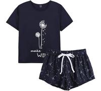 MyFav Pyjamas pour Femmes Ensembles Lounge à Manches Courtes Vêtements de Nuit Pyjama Deux Pièces Décontractés,Bleu Marine,XS
