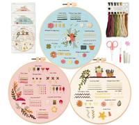 Myfelicity 3 Kit de broderie pour débutants, trousses de démarrage de broderie pour apprendre 30 points différents, comprenant tissu avec imprimés, fils, aiguilles, cerceau et tutoriels vidéo