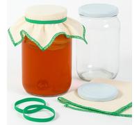 myFERMENTS Grands Bocaux en Cristal avec Couvercles 2 L - 2 Récipients à Goulots Larges, Mousseline en Coton 50x50cm & Bandes en Caoutchouc - Pot Hermétique de Conservation et Fermentation pour Kéfir