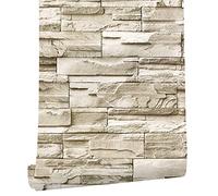 myforHD Papier Peint Auto-adhésif Effet Brique 44cmX600cm Pierre Feuilles Autocollant Amovible Décoratif PVC Vinyle Film Imperméable pour Mur de Cuisine Salon Chambre