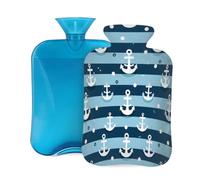 Myfsucce Bouillotte de 2 L avec housse - Imprimé à rayures d'ancre bleues et blanches - Bouillotte réutilisable en PVC pour soulager la douleur, les crampes et la chaleur (31 x 20,3 cm)