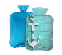 Myfsucce Bouillotte de 2 L avec housse - Imprimé ancre en bois de plage - Bouillotte réutilisable en PVC pour soulager la douleur, les crampes et la chaleur (31 x 20,3 cm)