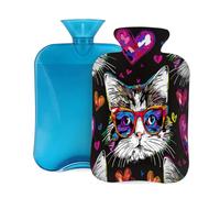 Myfsucce Bouillotte de 2 L avec housse - Imprimé cœur de chat - Bouillotte réutilisable en PVC pour soulager la douleur, les crampes et la chaleur (31 x 20,3 cm)