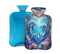 Myfsucce Bouillotte de 2 L avec housse - Imprimé dauphin, fleur, cœur - Bouillotte réutilisable en PVC pour soulager la douleur, les crampes et la chaleur (31 x 20,3 cm)