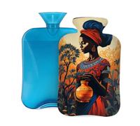 Myfsucce Bouillotte de 2 L avec housse - Imprimé ethnique africain - Bouillotte réutilisable en PVC pour soulager la douleur, les crampes et la chaleur (31 x 20,3 cm)