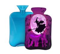 Myfsucce Bouillotte de 2 L avec housse imprimée chauves-souris de sorcière d'Halloween - Sac d'eau chaude réutilisable en PVC pour soulager la douleur, les crampes et la chaleur (31 x 20,3 cm)