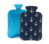 Myfsucce Bouillotte de 2 L avec housse imprimée motif ancre bleu marine - Bouillotte réutilisable en PVC pour soulager la douleur, les crampes et la chaleur (31 x 20,3 cm)