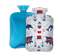 Myfsucce Bouillotte de 2 L avec housse imprimée phare, baleine, ancre, sac d'eau chaude en PVC réutilisable pour soulager la douleur, les crampes et la chaleur (31 x 20,3 cm)