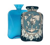 Myfsucce Bouillotte de 2 L avec housse, motif ancre fleurie, carte rétro, sac d'eau chaude en PVC réutilisable pour soulager la douleur, les crampes et la chaleur (31 x 20,3 cm)
