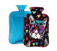Myfsucce Bouillotte de 2 L avec housse - Motif chat mignon - Cœur coloré - Bouillotte réutilisable en PVC pour soulager la douleur, les crampes et la chaleur (31 x 20,3 cm)