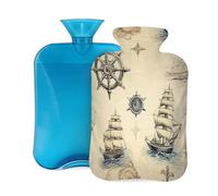 Myfsucce Bouillotte de 2 L avec housse - Motif rétro ancre et boussole - Bouillotte réutilisable en PVC pour soulager la douleur, les crampes et la chaleur (31 x 20,3 cm)