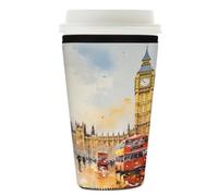 Myfsucce Manchon réutilisable en néoprène pour tasse à café glacé avec impression peinture bus rouge londonien, Big Ben, 2 mm d'épaisseur, 760 à 800 ml