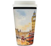 Myfsucce Manchon réutilisable en néoprène pour tasse à café glacé avec impression peinture bus rouge londonien, Big Ben, 2 mm d'épaisseur, 946 ml