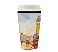 Myfsucce Manchon réutilisable en néoprène pour tasse à café glacé avec impression peinture bus rouge londonien, Big Ben, 2 mm d'épaisseur, 650 à 680 ml