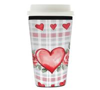 Myfsucce Manchon réutilisable en néoprène pour tasse à café glacé avec imprimé cœurs à carreaux roses, 2 mm d'épaisseur, 760 à 800 ml