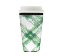 Myfsucce Manchon réutilisable en néoprène pour tasse à café glacé avec imprimé géométrique à carreaux verts, épaisseur de 2 mm, taille de 473 à 532 ml