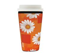Myfsucce Manchon réutilisable en néoprène pour tasse à café glacé avec imprimé marguerites blanches à carreaux oranges, épaisseur de 2 mm, 650 à 680 ml