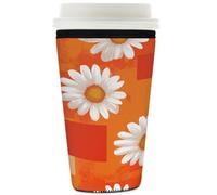 Myfsucce Manchon réutilisable en néoprène pour tasse à café glacé avec motif marguerites blanches et carreaux oranges, épaisseur de 2 mm, 946 ml