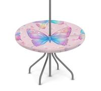 Myfsucce Nappe d'extérieur imperméable avec trou pour parasol et fermeture éclair Motif papillon arc-en-ciel Nappe de jardin élastique avec trou de parasol pour table ronde de 91,4 à 111,8 cm