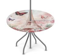 Myfsucce Nappe d'extérieur imperméable avec trou pour parasol et fermeture éclair - Tour Eiffel, fleur, papillon - Nappe de jardin élastique avec trou de parasol - Convient pour table ronde de