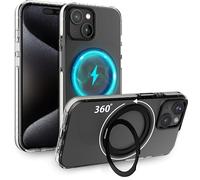 MyGadget Coque pour iPhone 15 [Compatible avec MagSafe et avec Support 360°] - Case Hybride magnétique [Dos Rigide | Bord en Silicone] - Transparent