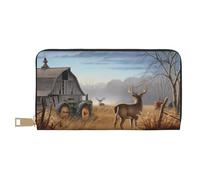 MYGANN Farm with Deer Portefeuille long unisexe en cuir microfibre avec fermeture éclair en métal pour bureau, voyage, rendez-vous, blanc, Taille unique