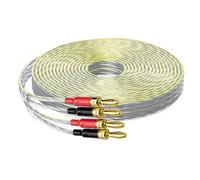 Mygatti Câble plat pour haut-parleur 16/2 avec fiches banane 6,1 m, fil AWG de calibre 16, gaine transparente avec marqueur de polarité jaune, pour intérieur et extérieur, son Hi-Fi