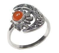 Myhealingworld Bague en forme de croissant de lune et de soleil en cornaline ronde en argent sterling 925 - Bijoux pour promesse de chance - Bague vintage - Cadeau d'anniversaire pour elle, Argent