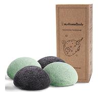 myHomeBody Éponges Konjac naturelles pour le visage permet un nettoyage et une gommage en douceur de votre visage ; fait de charbon actif et d’aloe vera, 4 pièces.