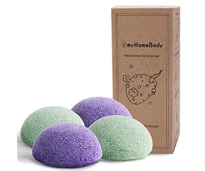 myHomeBody Eponges Visage Konjac Naturelles, 2 Lavande Violette, 2 Vert | pour un nettoyage doux du visage, exfoliation du visage, à la lavande et à l'aloe vera, Éponge nettoyante pour le visage