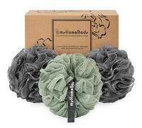 myHomeBody Grande éponge Loofah 70g, éponge de bain, éponge pour le corps, Eponge exfoliante - Pouf de douche pour le lavage du corps avec charbon actif - 2 Graphite Gray + 1 Sage Green, 3 Pack