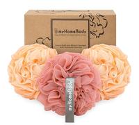 myHomeBody Grande éponge Loofah 70g, éponge de bain, éponge pour le corps, Eponge exfoliante - Pouf de douche pour le lavage du corps avec charbon actif - 2 Peach +1 Coral Red, 3 Packs