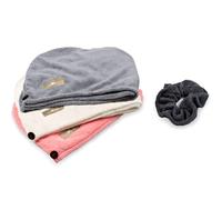 myHomeBody Serviette en Microfibre pour Cheveux pour Un séchage Rapide, 3 Couleurs + 1 Set de Serviettes en Microfibres pour Cheveux Scrunchie, Pink, Grey, White
