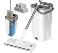 Myiosus Serpillière Seau Essoreur, Balai Serpillère Essoreur avec Seau, Balai Plat Rotatif 360° avec Poignée en 140 cm, Mop Serpillere et 5 Tampons en Microfibre Réutilisables pour Nettoyage de Sol