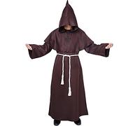 Myir JUN Deguisement Moine, Deguisement Halloween Homme Prêtre Médiéval Capot Encapuchonné Moine Costume avec Croix Renaissance Robe de Prêtre Halloween Robe (Marron, XL)