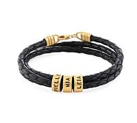 MYKA Bracelet Homme en Cuir Tressé Noir avec Petites Perles Personnalisées en Argent 925 ou Plaqué Or - Bracelets pour Homme (Argent 925 Plaqué Or 18cts)