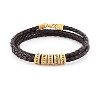 MYKA Bracelet Homme en Cuir Tressé Noir avec Petites Perles Personnalisées en Argent 925 ou Plaqué Or - Bracelets pour Homme (Argent 925 Plaqué Or 18cts - Marron)