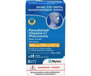 Mylan Conseil Paracétamol/Vitamine C/Phéniramine Sans Sucre Poudre Pour Solution Buvable 8x5g
