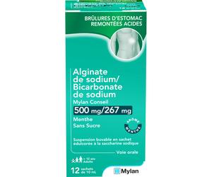 Mylan Sas Alginate Sodium/Bicarbonate Sodium Mylan Conseil 500mg/267mg Menthe Sans Sucre 12 Sachets