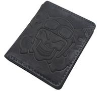 myledershop Petit porte-monnaie en cuir de buffle véritable - Format portrait - Avec gravure 3D en forme de tête de mort et protection RFID et NFC, Tête de mort 3D en relief/gris vintage, Taille