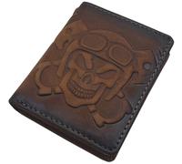 myledershop Petit porte-monnaie en cuir de buffle véritable - Format portrait - Avec gravure 3D en forme de tête de mort et protection RFID et NFC, Tête de mort 3D en relief/cognac, Taille unique,